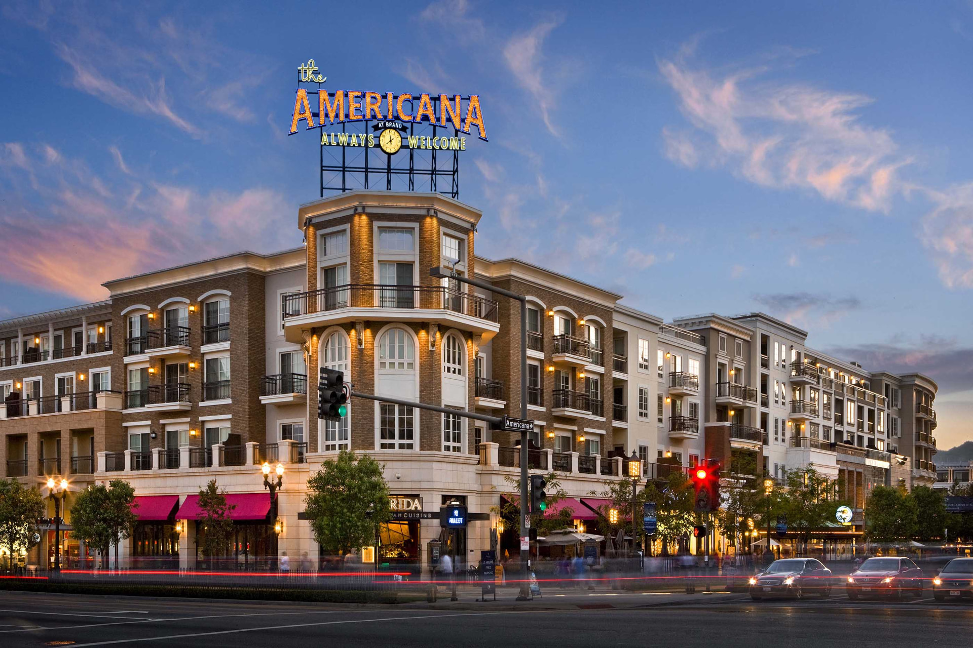The Americana at Brand in Glendale, California at dusk