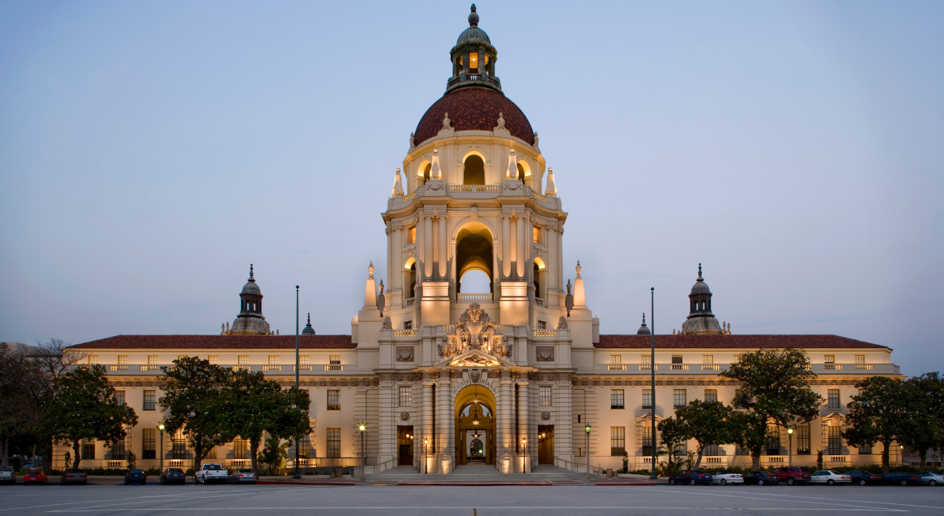 Pasadena City Hall lit at dusk in Pasadena, California